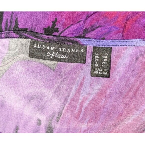 Susan Graver Artisan Blouse 1X Women's Purple Floral Sequin Long Sleeve Liquid - Picture 5 of 7